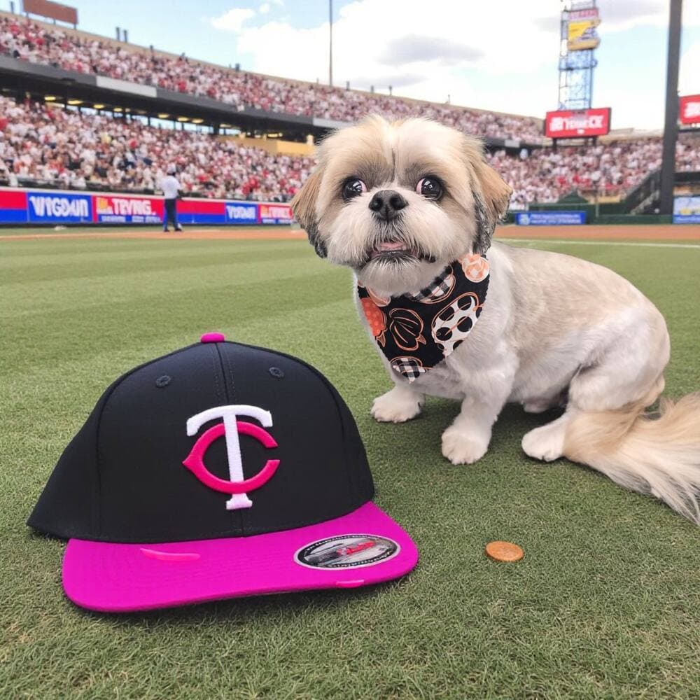 Cream shih tzu in a sports bandana sitting on a ballpark field beside a Minnesota Twins cap