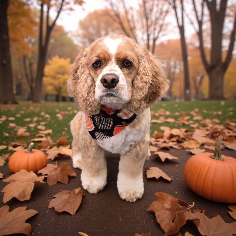 Buff and white cocker spaniel in a pumpkin print bandana standing on a path in an autumn park with two pumpkins