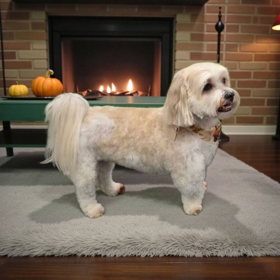 Cream Havanese with a fresh trim standing on a grey rug in front of a lit fireplace with small pumpkins on the table