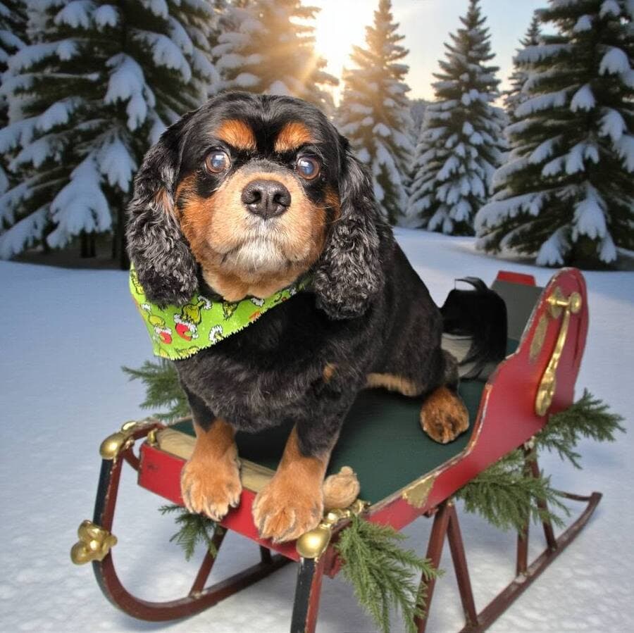 Black and tan Cavalier in a green holiday bandana sitting on a red wooden sleigh in the snow