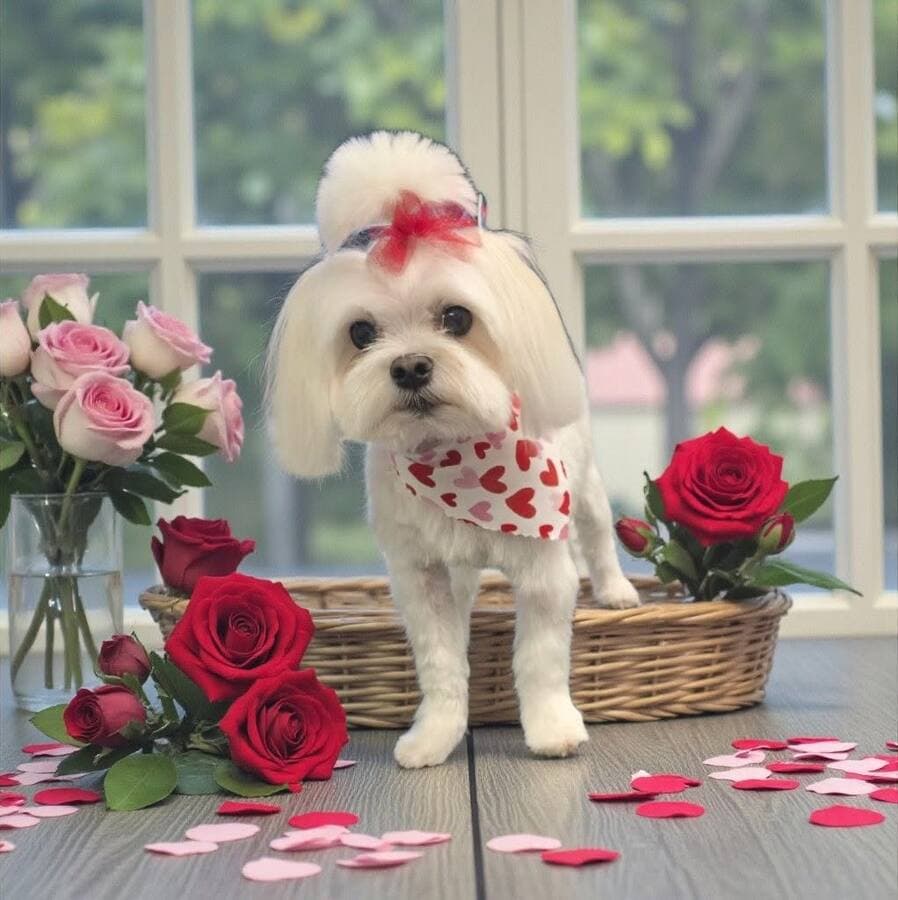 White Maltese with a red tulle bow and heart print bandana standing over a wicker basket by a window with red and pink roses