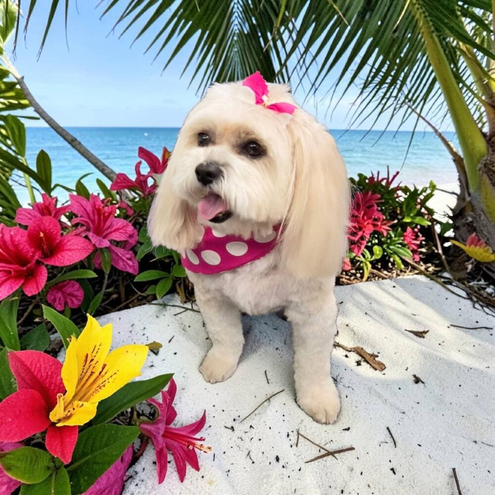 White Maltese with a pink bow and polka dot bandana on white sand with lilies, palms and sea behind