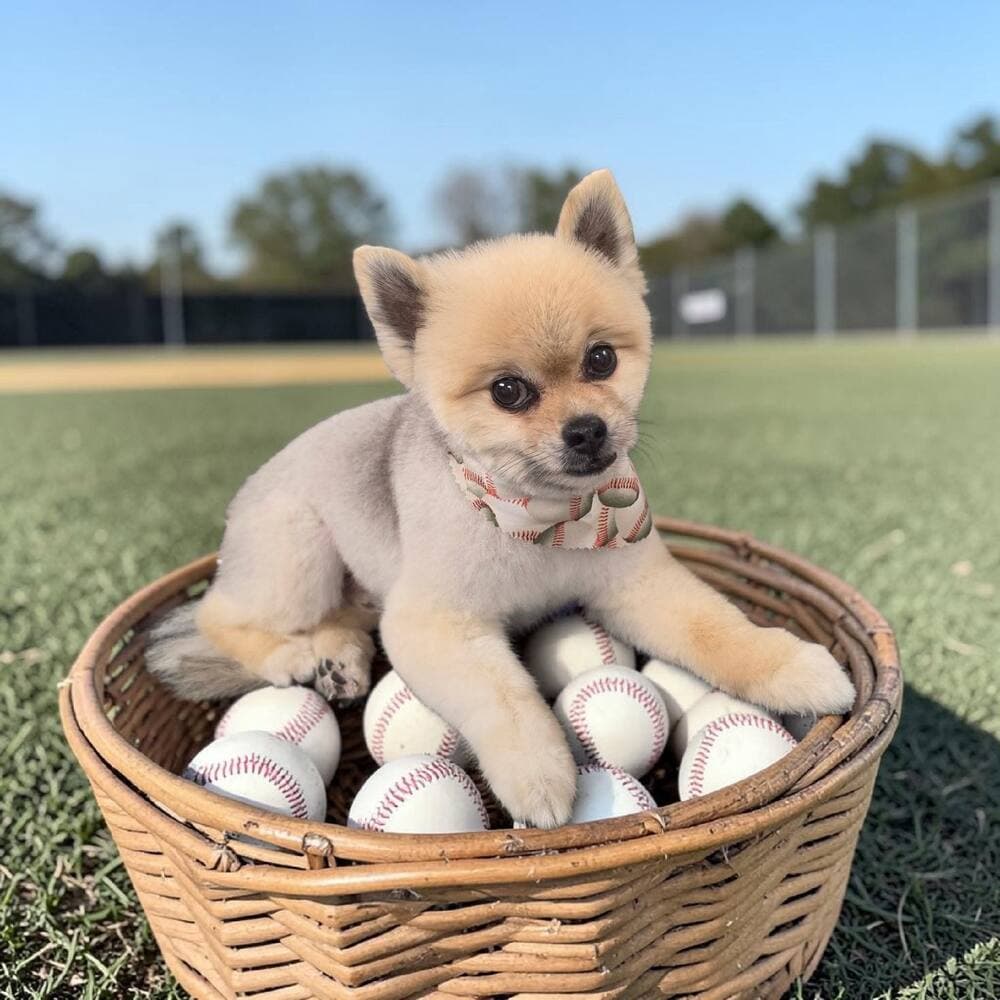 Cream Pomeranian lying on a basket of baseballs on a ballfield