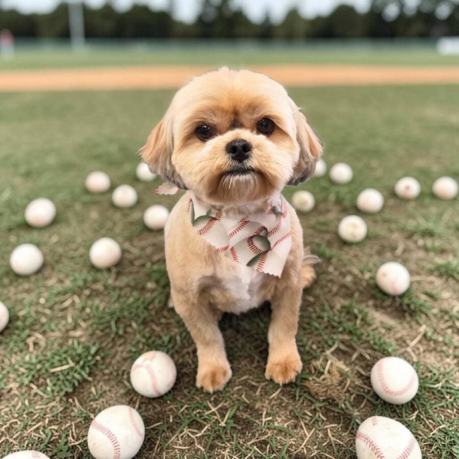 Tan shih poo in a baseball stitch bandana sitting on ballfield grass ringed by baseballs
