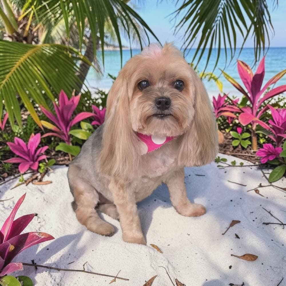 Tan lhasa apso with a pink bow and polka dot bandana sitting on white sand among tropical plants