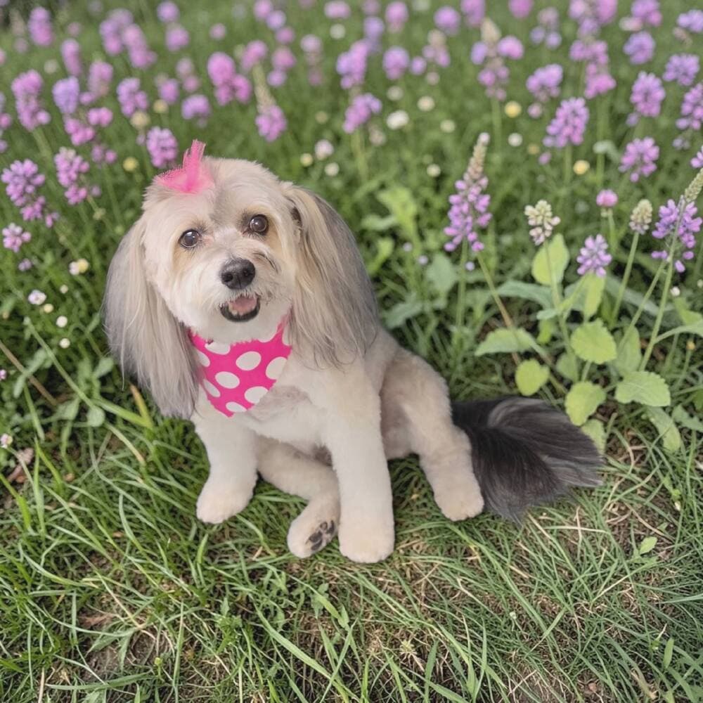 Cream Havanese with a pink polka dot bandana sitting in a meadow of purple wildflowers