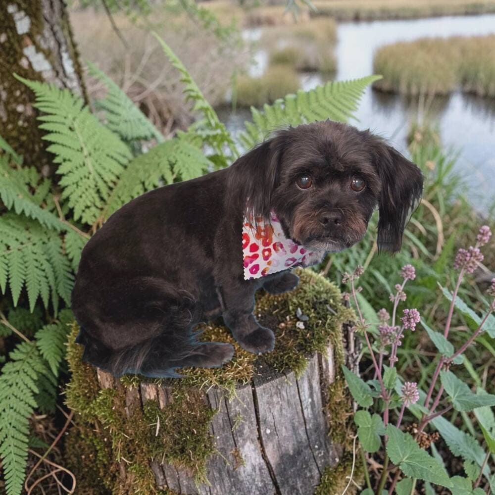 Dark brown shih tzu with a lip print bandana perched on a mossy stump among ferns by a marsh