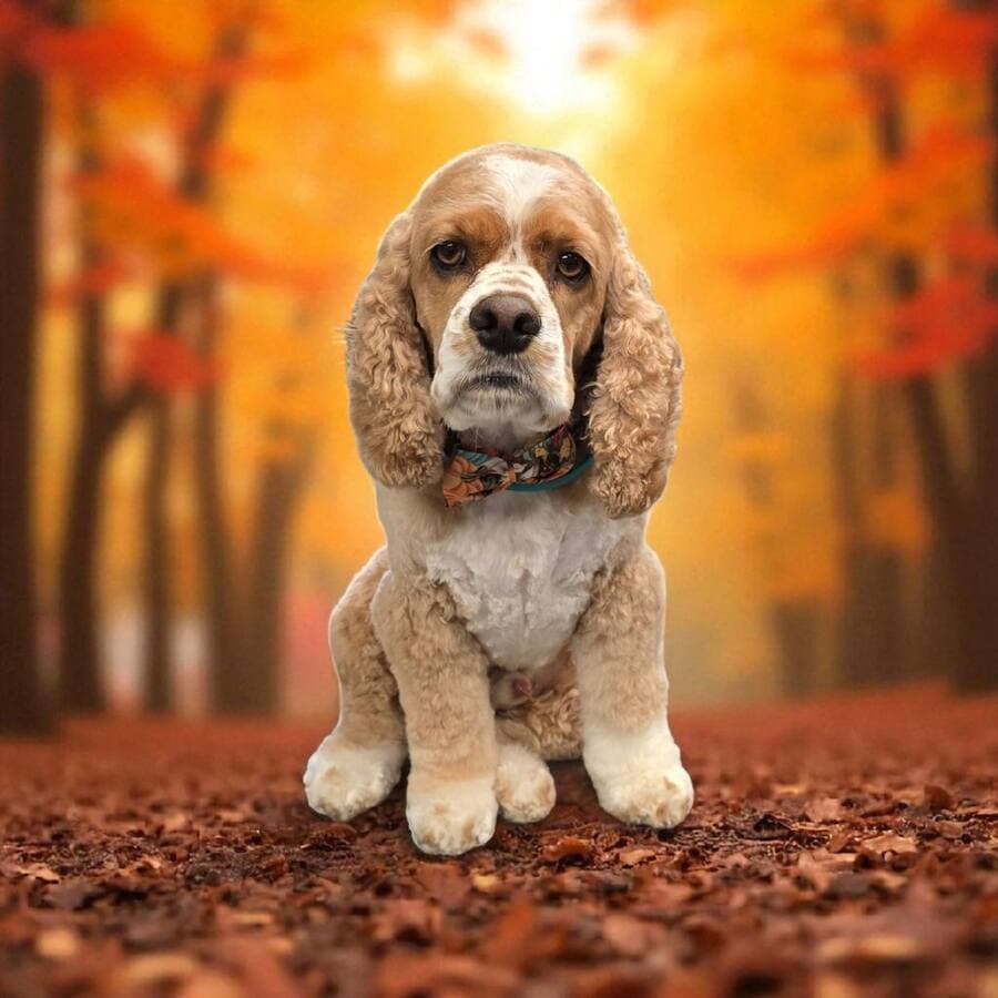 Buff and white cocker spaniel with an autumn bow tie sitting neatly on a leaf covered path, front paws trimmed