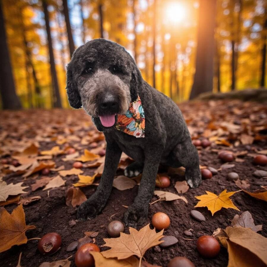 Charcoal doodle with a pumpkin print bandana sitting among fall leaves and acorns with a big tongue out grin