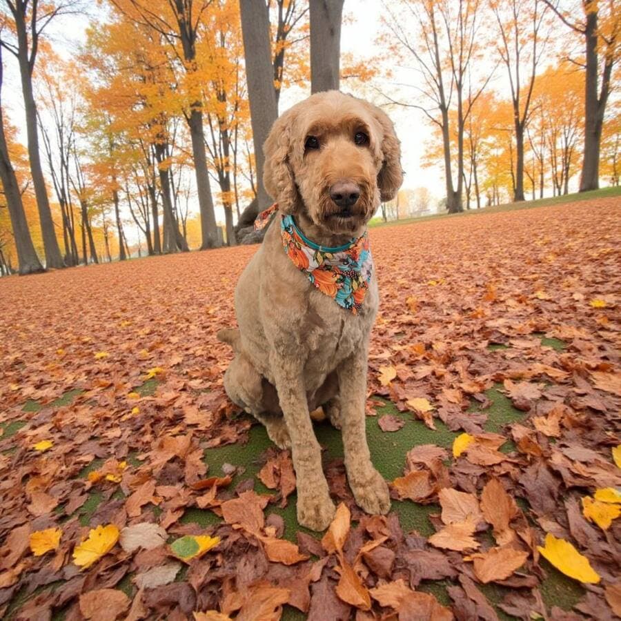 Apricot goldendoodle in a floral bandana with a fresh full groom, sitting on a leaf covered path in a golden autumn park