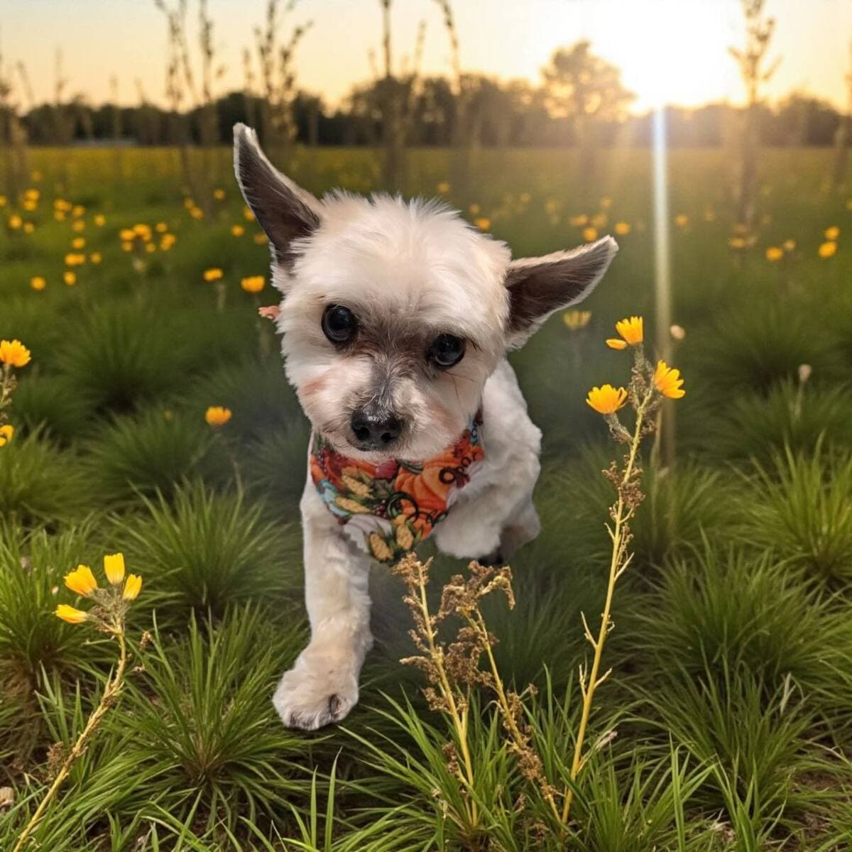 Tan and white terrier mix in an orange pumpkin print bandana walking toward the camera through a sunlit meadow