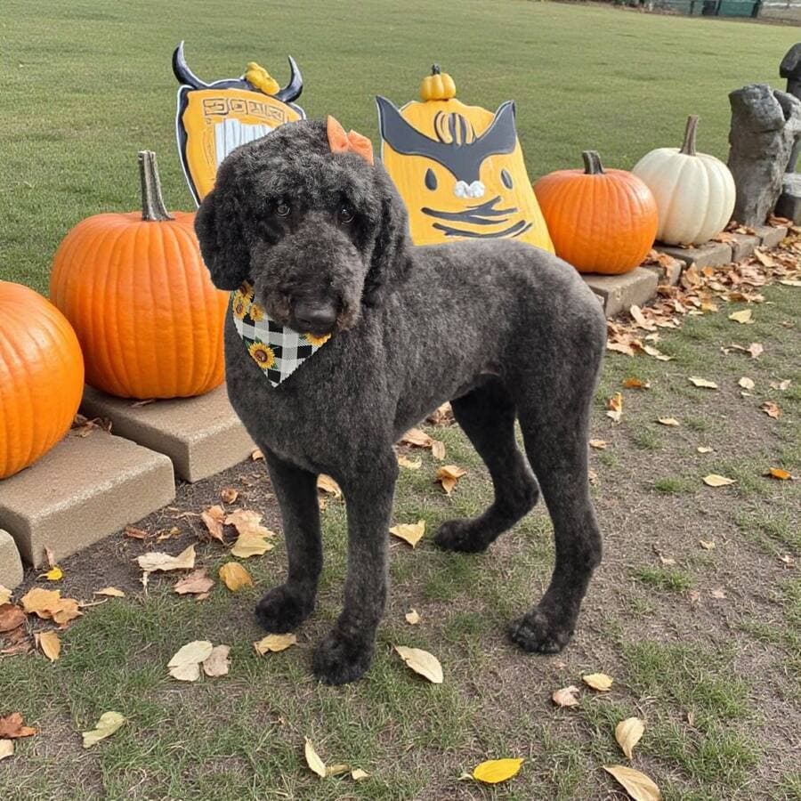 Charcoal grey doodle standing tall with an orange bow and sunflower gingham bandana among pumpkins and fall lawn decorations