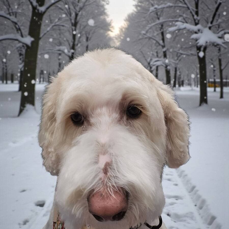 Close up of a cream doodle's plush clean face on a snowy park path with snowflakes falling
