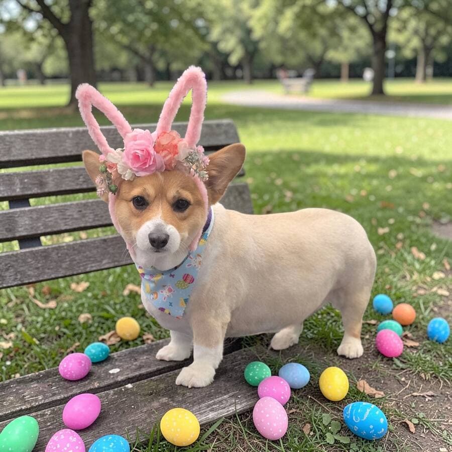 Corgi wearing pink plush bunny ears with a flower crown and pastel egg bandana, standing on a park bench among plastic Easter eggs
