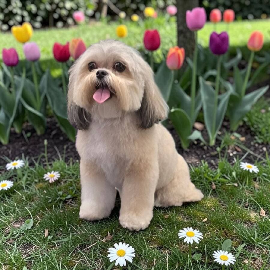 Happy cream shih tzu mix with tongue out sitting on the grass among daisies and colorful tulips