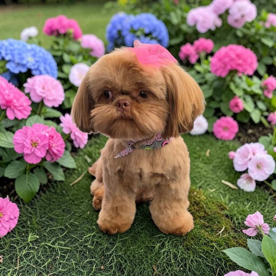 Liver brown shih tzu with a pink tulle topknot and round teddy trim sitting among pink and blue hydrangeas