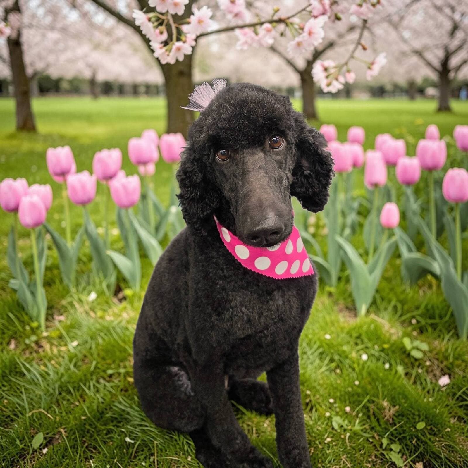 Black standard poodle with a pink tulle topknot and pink polka dot bandana sitting in the grass in front of pink tulips and cherry blossom trees